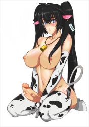 Rule 34 | animal print, bell, black hair, blue eyes, blush, breasts, cow girl, cow print, cow tail, cowbell, elzikyuchi, erection, futanari, glasses, highres, large breasts, penis, solo, tail, testicles, thighhighs, third-party edit, uncensored, veins, veiny penis