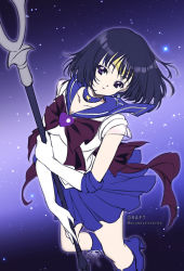 Rule 34 | 1girl, artist name, back bow, bishoujo senshi sailor moon, black hair, boots, bow, brooch, choker, circlet, collarbone, earrings, elbow gloves, gloves, heart, heart brooch, holding, holding staff, jewelry, kaze-hime, knee boots, looking at viewer, magical girl, parted lips, purple eyes, purple footwear, purple sailor collar, purple skirt, sailor collar, sailor saturn, short hair, silence glaive, sketch, skirt, sky, solo, staff, star (sky), star (symbol), star choker, starry sky, tomoe hotaru, unfinished, white gloves