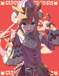 Rule 34 | 1girl, agnes digital (lovely jiangshi) (umamusume), agnes digital (umamusume), animal ears, blue eyes, blush, braid, bun cover, detached sleeves, double bun, dress, drooling, hair bun, hands up, hat, heart, heart in eye, highres, horse ears, long hair, looking at viewer, low twin braids, mado (m96 ad), mouth drool, ofuda, open mouth, orange hair, pink dress, sleeves past fingers, sleeves past wrists, solo, symbol in eye, twin braids, umamusume, upper body
