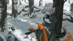 1girl absurdres arknights ascot black_ascot black_dress chinese_commentary commentary_request dragon_girl dragon_tail dress five-fall grey_hair hair_intakes highres holding holding_ribbon horns kneeling medium_hair orange_ribbon reunion_logo_(arknights) ribbon snow solo tail talulah_(arknights) tree