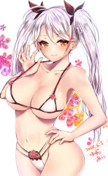 Rule 34 | 1girl, alternate costume, antenna hair, armpits, azur lane, bare arms, bare shoulders, bikini, bikini tug, black ribbon, blush, breasts, cleavage, collarbone, cross, dated, floral background, groin, hair between eyes, hair ribbon, hand on own hip, highres, iron cross, large breasts, long hair, looking at viewer, micro bikini, multicolored hair, navel, prinz eugen (azur lane), red hair, ribbon, signature, silver hair, smile, solo, stomach, streaked hair, swimsuit, thighs, two side up, very long hair, yuzuri ai