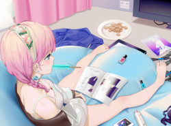 Rule 34 | 1girl, arknights, bare legs, bare shoulders, barefoot, bean bag chair, blue eyes, blue nails, blue poison (arknights), blue poison (shoal beat) (arknights), blush, book, bra, unworn bra, braid, breasts, cleavage, cookie, curtains, dart, doctor, earrings, electrical outlet, electrical outlet, food, food in mouth, freze, hairband, highres, indoors, jacket, jewelry, long hair, long sleeves, medium breasts, mouth hold, multicolored hairband, multicolored nails, nail polish, official alternate costume, open book, open clothes, open jacket, photo (object), pink hair, pink nails, plate, popsicle, purple bra, reading, sitting, solo, sports bra, tablet pc, television, toenail polish, toenails, toes, twin braids, underwear, white jacket