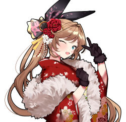 Rule 34 | 1girl, aqua eyes, black gloves, blonde hair, clarisse (granblue fantasy), flower, fur-trimmed kimono, fur trim, gloves, granblue fantasy, hair flower, hair ornament, hair ribbon, happy new year, highres, japanese clothes, kimono, long hair, looking at viewer, new year, one eye closed, open mouth, ponytail, remora180, ribbon, simple background, smile, solo, upper body, v, white background