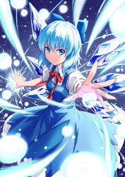 Rule 34 | 1girl, absurdres, blue bow, blue dress, blue eyes, blue hair, bow, cirno, dress, fish.boy, hair bow, highres, ice, ice wings, looking at viewer, puffy short sleeves, puffy sleeves, short hair, short sleeves, smile, solo, touhou, wings