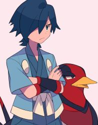 Rule 34 | 1boy, bird, black wristband, blue eyes, blue jacket, blue kimono, closed mouth, commentary, creatures (company), crossed arms, falkner (pokemon), frown, game freak, gen 3 pokemon, hair over one eye, haori, highres, jacket, japanese clothes, kimono, male focus, medium hair, nintendo, open clothes, open jacket, pokemon, pokemon (creature), pokemon hgss, sash, short sleeves, swellow, symbol-only commentary, tyako 089, wristband