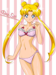 Rule 34 | 1990s (style), 1girl, anime coloring, bishoujo senshi sailor moon, blonde hair, blue eyes, bow, bra, breasts, cleavage, double bun, gentoku, hair bun, highres, long hair, official style, panties, parted bangs, pink bra, pink panties, red bow, retro artstyle, ribbon-trimmed clothes, ribbon-trimmed underwear, ribbon trim, solo, striped, striped background, tsukino usagi, twintails, underwear, underwear only, vertical stripes