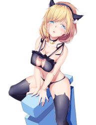 Rule 34 | 1girl, absurdres, animal ear legwear, animal ears, bell, black bra, black thighhighs, blonde hair, blue eyes, blush, bra, breasts, cat cutout, cat ear legwear, cat ear panties, cat ears, cat lingerie, choker, cleavage cutout, clothing cutout, cyta celest, fake animal ears, frilled bra, frills, hair over shoulder, hairband, heart, heart-shaped pupils, highres, jingle bell, large breasts, lolita hairband, long hair, looking at viewer, meme attire, navel, neck bell, open mouth, panties, rodney (warship girls r), side-tie panties, simple background, sitting, solo, straddling, symbol-shaped pupils, tears, thighhighs, underwear, underwear only, warship girls r, white background