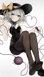 Rule 34 | 1girl, :d, absurdres, black hat, black leotard, black pantyhose, bow, breasts, cleavage, commentary, english commentary, feet, full body, green eyes, grey hair, hat, hat bow, heart, heart of string, highres, holding, holding knife, knife, komeiji koishi, leotard, looking at viewer, medium breasts, open mouth, ougiikun, pantyhose, playboy bunny, short hair, smile, solo, third eye, touhou, white background, yellow bow
