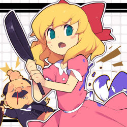 Rule 34 | 1girl, 2boys, aqua eyes, balding, blonde hair, blood, blush stickers, bow, dress, facial hair, frying pan, grid background, hair bow, head bump, holding, injury, looking at viewer, medium hair, metata, mother (game), mother 2, multiple boys, mustache, nosebleed, open mouth, outline, paint, paintbrush, paula (mother 2), pink dress, white outline