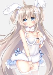 Rule 34 | 1girl, ahoge, animal ears, azur lane, bare shoulders, blue eyes, blush, breasts, brown hair, cleavage, commentary request, covered navel, fake animal ears, flower, fur-trimmed leotard, fur trim, grey background, hair between eyes, hair flower, hair ornament, highres, leotard, long hair, medium breasts, parted lips, rabbit ears, shikito (yawa0w0), skindentation, solo, thighhighs, two side up, umikaze (azur lane), umikaze (soft and fluffy therapy) (azur lane), very long hair, white flower, white leotard, white thighhighs