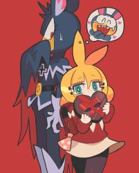 Rule 34 | 1boy, 1girl, animal ears, backpack, bag, blonde hair, bright pupils, covering own mouth, cowboy shot, feet out of frame, gashi-gashi, green eyes, highres, long sleeves, looking at viewer, original, rabbit boy, rabbit ears, red background, red bag, red eyes, simple background, sweatdrop, white pupils