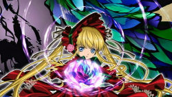 Rule 34 | 00s, 1girl, blonde hair, blue eyes, dress, expressionless, floating hair, flower, frilled hat, frills, hat, hat ribbon, long hair, long sleeves, magic, parted lips, pink flower, pink rose, red dress, ribbon, rose, rozen maiden, shinku, solo, twintails, upper body, very long hair, wallpaper