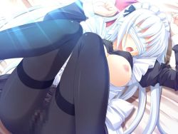 Rule 34 | 1girl, blindfold, breasts, censored, game cg, long hair, maid, maid headdress, no panties, open mouth, pantyhose, pussy, solo, white hair