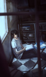 Rule 34 | 00s, 1boy, black hair, blurry, book, brown eyes, cable, checkered floor, crossed legs, dark, depth of field, fukai rei (yukikaze), hair over one eye, holding, indoors, looking at viewer, male focus, monitor, on floor, open book, pants, paper, parted bangs, peach (marslave), sentou yousei yukikaze, shirt, sitting, solo, t-shirt, television, white shirt, window, wire