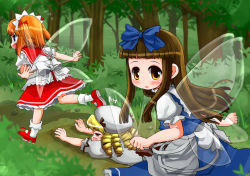 Rule 34 | 3girls, airplane arms, blonde hair, blue eyes, blush, bobby socks, bow, brown eyes, brown hair, child, dress, drill hair, fairy wings, fallen down, female focus, forest, hair bow, hair ribbon, hat, hikami izuto, hime cut, long hair, luna child, mary janes, multiple girls, nature, outstretched arms, puffy short sleeves, puffy sleeves, red eyes, ribbon, running, shoes, short hair, short sleeves, socks, spread arms, star sapphire, sunny milk, touhou, tripping, twintails, two side up, wings