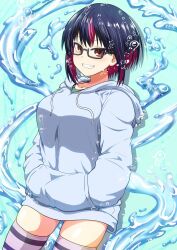 Rule 34 | 1girl, black-framed eyewear, blue hair, blue hoodie, bob cut, breasts, brown eyes, bubble, clenched teeth, colored inner hair, dark blue hair, glasses, hands in pockets, hayami shizuku (kaii to otome to kamigakushi), hood, hood down, hoodie, kaii to otome to kamikakushi, large breasts, looking at viewer, multicolored hair, official art, purple hair, purple thighhighs, short hair, smile, solo, streaked hair, striped clothes, striped thighhighs, take (shokumu-taiman), teeth, thighhighs, two-tone hair, water