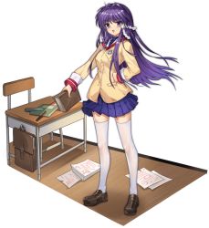 Rule 34 | 1girl, :d, ark order, artist request, bag, beige jacket, blue skirt, book, bookbag, brown footwear, clannad, desk, emblem, fujibayashi kyou, full body, hair intakes, hair ribbon, hand on own hip, hikarizaka private high school uniform, holding, holding book, jacket, loafers, long hair, notebook, official art, open mouth, pen, pleated skirt, purple eyes, purple hair, ribbon, sailor collar, school uniform, shoes, sidelocks, skirt, sleeve cuffs, smile, solo, tachi-e, academic test, test score, thighhighs, transparent background, white ribbon, white thighhighs, wooden floor