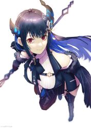 Rule 34 | 1girl, absurdres, asymmetrical horns, bare shoulders, black hair, blue hair, breasts, colored inner hair, erasorpepero, foreshortening, full body, fur trim, hair ornament, highres, holoadvent, hololive, hololive english, horns, large breasts, long hair, looking at viewer, multicolored hair, nerissa ravencroft, nerissa ravencroft (1st costume), red eyes, smile, solo, thighhighs, two-tone hair, uneven horns, virtual youtuber