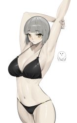 Rule 34 | 1girl, absurdres, armpits, arms up, bad id, bad pixiv id, bikini, black bikini, blunt bangs, blush, breasts, cleavage, commission, copyright request, cowboy shot, grey hair, highres, large breasts, navel, norunollu, shadow, short hair, simple background, solo, swimsuit, white background, yellow eyes