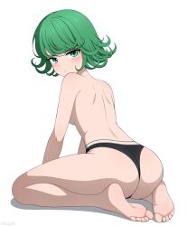 Rule 34 | 1girl, absurdres, ass, barefoot, black panties, breasts, closed mouth, curly hair, from behind, full body, green eyes, green hair, highres, kneeling, looking at viewer, looking back, one-punch man, panties, short hair, simple background, small breasts, soles, solo, tatsumaki, toes, topless, underwear, white background, yisusjpl