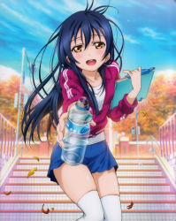 Rule 34 | 10s, 1girl, absurdres, blue hair, blue skirt, bottle, brown eyes, cloud, collarbone, day, hair between eyes, highres, holding, holding bottle, jacket, leaf, leaning forward, long hair, looking at viewer, love live!, love live! school idol festival, love live! school idol project, outdoors, shirt, skirt, sky, solo, sonoda umi, stairs, standing, thighhighs, tree, water bottle, white shirt, white thighhighs