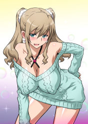 Rule 34 | 1girl, ass, bare shoulders, bent over, blonde hair, blue eyes, blush, breasts, cleavage, covered erect nipples, dress, earrings, fang, hand on ass, hanging breasts, highres, imouto bitch ni shiboraretai, impossible clothes, jewelry, joy ride, large breasts, leaning forward, long hair, looking at viewer, miina (imouto bitch ni shiboraretai), no bra, off-shoulder sweater, off shoulder, open mouth, scrunchie, shirt tug, smile, solo, standing, sweater, sweater dress, twintails