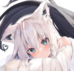 Rule 34 | 1girl, animal ear fluff, animal ears, blush, braid, commentary request, earrings, expressive tail, fox ears, fox girl, fox tail, green eyes, hair between eyes, heart, heart tail, highres, hololive, jewelry, long hair, looking at viewer, lying, on stomach, shirakami fubuki, shirakami fubuki (1st costume), shirt, sidelocks, simple background, single braid, smile, solo, tail, uechin ewokaku, virtual youtuber, white background, white hair, white shirt