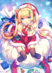 Rule 34 | 1girl, :d, animal ears, ankle boots, black thighhighs, blonde hair, blue eyes, boots, box, breasts, candy, candy cane, cat ears, cat tail, christmas, cleavage, cookie, dress, elbow gloves, food, garter straps, gift, gift box, gloves, holding, long hair, looking at viewer, open mouth, original, red dress, red gloves, riv (rivleaf), sitting, smile, solo, spaghetti strap, tail, thighhighs, twintails, zettai ryouiki