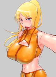 Rule 34 | &gt;:o, 1girl, :o, angry, armpits, bare shoulders, blonde hair, blue eyes, blush, breasts, cleavage, cleavage cutout, clothing cutout, collarbone, covered erect nipples, cowboy shot, crop top, crotch seam, female focus, foreshortening, from side, grey background, halterneck, high ponytail, huge breasts, large breasts, long hair, looking at viewer, metroid, metroid: zero mission, midriff, multicolored eyes, navel, nintendo, open mouth, outstretched arm, ponytail, reaching, reaching towards viewer, red eyes, samus aran, selfie, shouting, simple background, solo, sports bra, teeth, turtleneck, v-shaped eyebrows, wolffeld price