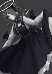 Rule 34 | 1girl, angel wings, black dress, black necktie, buttons, closed eyes, closed mouth, clothes lift, danganronpa (series), danganronpa v3: killing harmony, dress, dress lift, gloves, green background, green eyes, green hair, grey shirt, hair over one eye, halo, lifted by self, long sleeves, looking at viewer, maid headdress, mame tsubu, necktie, pinafore dress, shirt, short hair, simple background, sleeveless dress, smile, spider web print, tojo kirumi, white shirt, wings
