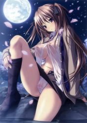 Rule 34 | 1girl, :o, absurdres, anna (mirai nostalgia), arm support, black socks, blush, breasts, brown hair, cherry blossoms, feet, female focus, full moon, head tilt, highres, koku, large breasts, leg up, long hair, looking at viewer, miniskirt, mirai nostalgia, moon, navel, night, nipples, no bra, no shoes, open clothes, open shirt, outdoors, panties, pantyshot, parted lips, partially submerged, perky breasts, petals, purple eyes, see-through, shiny skin, shirt, sitting, skirt, socks, solo, thighs, unbuttoned skirt, underwear, upskirt, very long hair, water, wet, wet clothes, wet panties, wet shirt, white panties, wind
