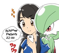 Rule 34 | 2girls, bad id, bad pixiv id, black hair, blue shirt, bob cut, breasts, brown eyes, cellphone, closed mouth, colored skin, copyright name, creatures (company), english text, female focus, game freak, gardevoir, gen 3 pokemon, green hair, green skin, hair over one eye, hand on another&#039;s shoulder, hand up, happy, holding, holding phone, japanese text, long hair, looking down, muguet, multicolored skin, multiple girls, nintendo, original, parted lips, partially translated, phone, pokemon, pokemon (creature), red eyes, shirt, short hair, short sleeves, sidelocks, small breasts, smartphone, smile, speech bubble, swept bangs, translation request, two-tone skin, upper body, v-shaped eyebrows, white skin