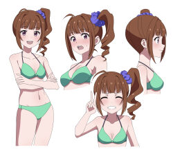 Rule 34 | 1girl, absurdres, ahoge, amashiho, bikini, blue scrunchie, breasts, brown eyes, brown hair, cleavage, commentary request, crossed arms, drill hair, green bikini, hair ornament, hair scrunchie, highres, idolmaster, idolmaster million live!, long hair, multiple views, navel, open mouth, scrunchie, side drill, side ponytail, simple background, small breasts, swimsuit, teeth, upper body, upper teeth only, v, white background, yokoyama nao
