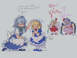 Rule 34 | 4girls, apron, bat wings, black footwear, blonde hair, blue dress, blue footwear, blush stickers, bow, bowtie, chibi, child, closed eyes, dress, english text, flandre scarlet, frilled dress, frills, green bow, green bowtie, hat, headpat, highres, izayoi sakuya, kneeling, maid apron, maid headdress, medium hair, mob cap, mugetsu (touhou), multiple girls, noctiilio, pink dress, pointy ears, red bow, red bowtie, red dress, red footwear, remilia scarlet, smile, sparkle, touhou, touhou (pc-98), wings