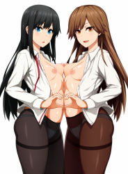 Rule 34 | 2girls, arashio (kancolle), asashio (kancolle), black hair, blue eyes, breast press, breasts, brown eyes, brown hair, heart, heart hands, highres, kantai collection, long hair, multiple girls, nipples, open clothes, open mouth, open shirt, panties, panties under pantyhose, pantyhose, shirt, small breasts, underwear, uron-rei, white background, white shirt