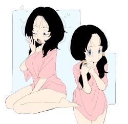 Rule 34 | 1girl, black hair, closed mouth, dragon ball, dragonball z, hair tubes, highres, long hair, looking at viewer, messy hair, multiple views, open mouth, pink shirt, purple eyes, seiza, shirt, short sleeves, simple background, sincos, sitting, twintails, videl, yawning