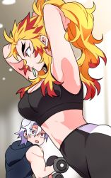 Rule 34 | 1boy, 1girl, armpits, arms behind head, arms up, black pants, black sports bra, blonde hair, blurry, blurry background, breasts, cleavage, contemporary, crop top, dumbbell, earrings, exercising, forked eyebrows, genderswap, genderswap (mtf), gym, hair tie in mouth, hood, hood down, hoodie, jewelry, kimetsu no yaiba, long hair, looking at another, looking away, looking to the side, midriff, mouth hold, open mouth, pants, ponytail, profile, red eyes, red hair, rengoku kyoujurou, sidelocks, sleeveless, sports bra, sportswear, surprised, tight clothes, tight pants, toned, toned male, tying hair, ungungzza, upper body, uzui tengen, weightlifting, white hair, yoga pants