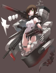 Rule 34 | 10s, 1girl, abyssal ship, black hair, claws, dark persona, fubuki (kancolle), green eyes, gun, hair over one eye, highres, kantai collection, leotard, long hair, nikubanare, one-piece swimsuit, ponytail, solo, swimsuit, turret, weapon