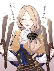 Rule 34 | 1girl, absurdres, blonde hair, closed eyes, fire emblem, fire emblem: three houses, gari (apollonica), garreg mach monastery uniform, highres, long hair, long sleeves, low ponytail, mercedes von martritz, nintendo, open mouth, simple background, solo, translation request, uniform, upper body, white background