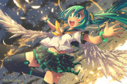 Rule 34 | 1girl, aki (akisora hiyori), bracelet, cloud, feathers, green eyes, green hair, halo, hatsune miku, headphones, highres, jewelry, matching hair/eyes, open mouth, outstretched arms, school uniform, serafuku, skirt, sky, solo, spread arms, thighhighs, twintails, vocaloid, wings