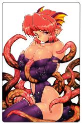 Rule 34 | 1girl, between breasts, black neckwear, border, breasts, cleavage, clothing cutout, crossed arms, earrings, elbow gloves, fins, gloves, head fins, highres, jewelry, kajiyama hiroshi, large breasts, leotard, navel, navel cutout, official art, photoshop (medium), pink hair, pointy ears, purple eyes, purple gloves, ringerbell half quarter, seiza, shakalyn, short hair, simple background, sitting, slime (substance), smile, solo, strapless, strapless leotard, tentacles, white background, zipper