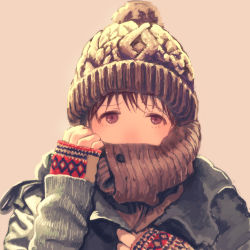 Rule 34 | 1girl, bad id, bad pixiv id, blush, brown eyes, brown hair, brown neckwear, cable knit, coat, fingerless gloves, gloves, green coat, hand on own chest, hand on own face, highres, knit hat, light blush, mablex, original, patterned clothing, portrait, red gloves, ribbed coat, scarf, scarf over mouth, simple background, solo, tan background, tareme, winter clothes, yellow headwear