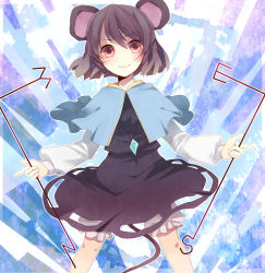 Rule 34 | 1girl, 74 (teduka), animal ears, blush, capelet, dowsing rod, dual wielding, female focus, grey hair, holding, jewelry, long sleeves, mouse ears, mouse tail, nazrin, pendant, puffy sleeves, red eyes, short hair, smile, solo, tail, touhou