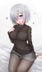 Rule 34 | 10s, 1girl, alternate costume, arm support, bed, bed sheet, black pantyhose, black sweater, blue eyes, breasts, casual, e-kichi, eyebrows, eyes visible through hair, from above, hair ornament, hair over one eye, hairclip, hamakaze (kancolle), hand on own chest, highres, kantai collection, large breasts, looking at viewer, miniskirt, open mouth, panties, panties under pantyhose, pantyhose, pantyshot, ribbed sweater, short hair, silver hair, sitting, skirt, smile, solo, striped clothes, striped panties, sweater, tongue, turtleneck, turtleneck sweater, underwear, vertical stripes