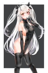 Rule 34 | 1girl, absurdres, alternate costume, antenna hair, azur lane, bare shoulders, black leotard, blush, breasts, commentary request, covered erect nipples, cowboy shot, elbow gloves, gloves, hand to own mouth, heattech leotard, highres, large breasts, leotard, leotard pull, long hair, mole, mole on breast, multicolored hair, no panties, open mouth, prinz eugen (azur lane), red hair, shiny skin, sideboob, silver hair, skindentation, solo, streaked hair, swept bangs, thighhighs, thighs, turtleneck, two side up, very long hair, yukineko1018