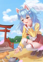 Rule 34 | 1girl, :d, ahoge, animal ears, blue hair, blue sky, blush, bowl, bridge, brown footwear, cat, cat ears, cloud, commentary request, day, fake animal ears, falling petals, fang, fish hair ornament, full body, grin, hair ornament, hand on own cheek, hand on own face, highres, igarashi haruna, long hair, long sleeves, mahjong soul, medium bangs, one side up, open mouth, orange cat, outdoors, pet bowl, pet food, petals, piyodraco, plaid, plaid skirt, red eyes, red skirt, shirt, shoes, skirt, sky, smile, solo, squatting, thighhighs, torii, white thighhighs, yellow shirt