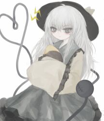Rule 34 | 1girl, alternate hair length, alternate hairstyle, bags under eyes, black hat, closed mouth, frilled shirt, frilled skirt, frills, grey eyes, grey hair, grey skirt, hat, heart, heart of string, highres, holding, komeiji koishi, lightning bolt symbol, long hair, long sleeves, looking at viewer, muted color, pout, reverinth, shirt, simple background, skirt, sleeves past fingers, sleeves past wrists, solo, touhou, white background, wide sleeves, yellow shirt