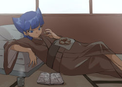 Rule 34 | 1girl, :t, alternate costume, blue eyes, blue hair, blunt bangs, book, brown kimono, closed mouth, coin (pokemon), commentary request, creatures (company), crossed legs, cup, eating, food, from side, game freak, holding, holding food, indoors, japanese clothes, kimono, kono2noko, looking down, nintendo, pokemon, pokemon legends: arceus, pregnant, reading, solo, steam, tatami