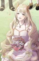 Rule 34 | 1girl, blonde hair, bouquet, butterfly hair ornament, celine (fire emblem), dress, fire emblem, fire emblem engage, flower, grass, green eyes, hair ornament, highres, holding, holding bouquet, jewelry, long hair, necklace, nintendo, on grass, open mouth, ribbon, solo focus, teeth, tondemoneeds, upper teeth only, very long hair, wavy hair
