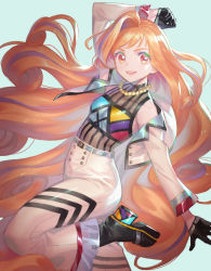 Rule 34 | 1girl, aikatsu! (series), black footwear, black gloves, blue background, boots, breasts, character request, clenched hand, gloves, high heel boots, high heels, highres, jacket, long hair, looking at viewer, multicolored hair, murakami hisashi, orange eyes, orange hair, pants, purple hair, small breasts, smile, solo, streaked hair, very long hair, white jacket, white pants